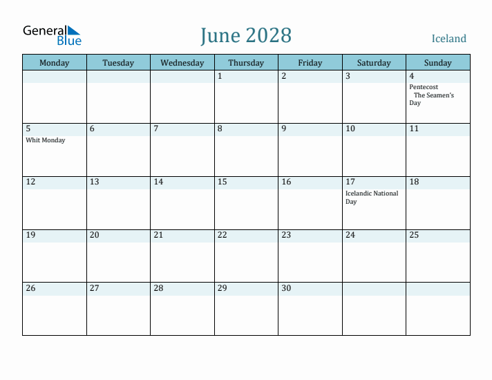 June 2028 Calendar with Holidays