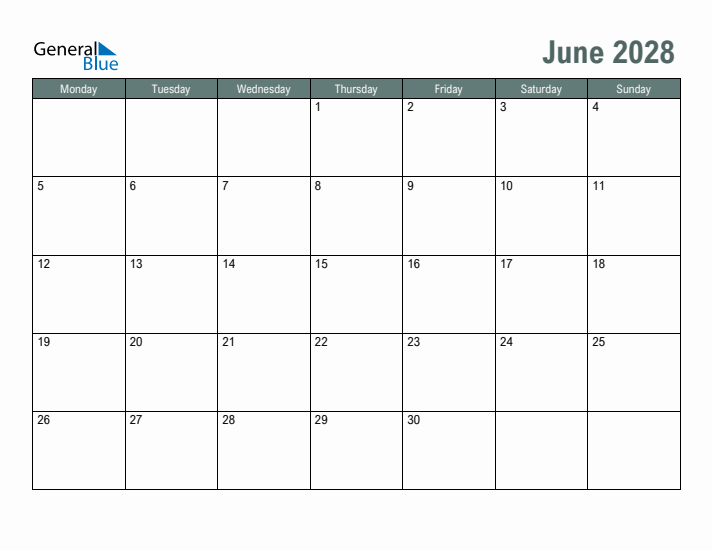Free Printable June 2028 Calendar