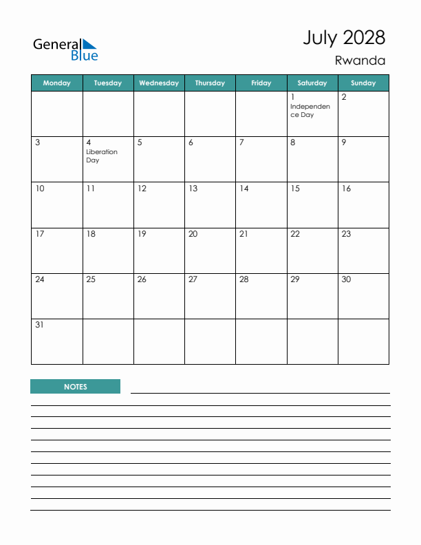 Calendar with Notes Printable - Monday Start