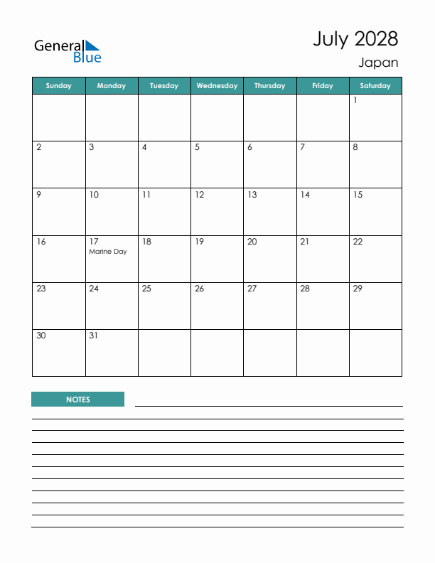 Calendar with Notes Printable - Sunday Start