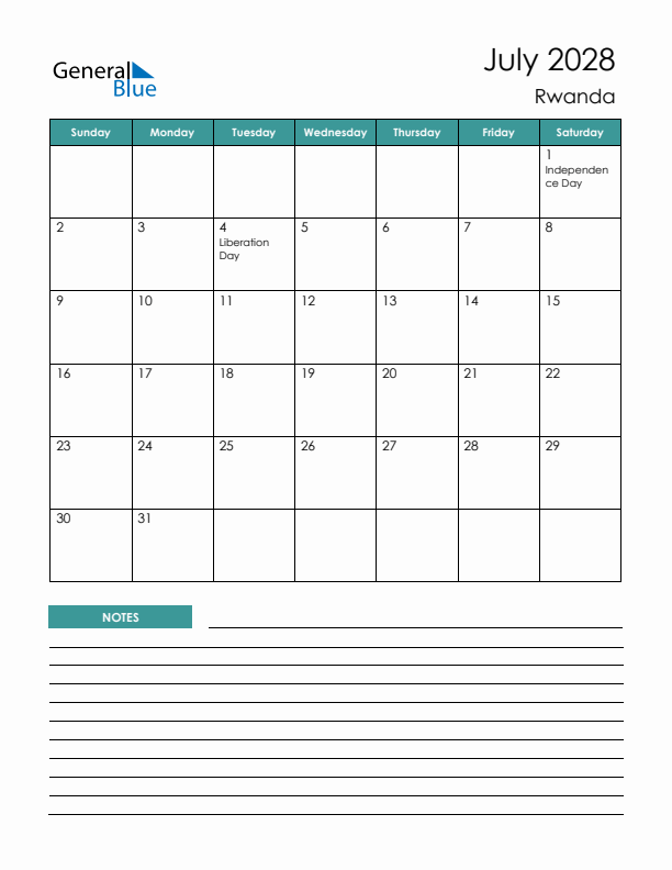 Calendar with Notes Printable - Sunday Start