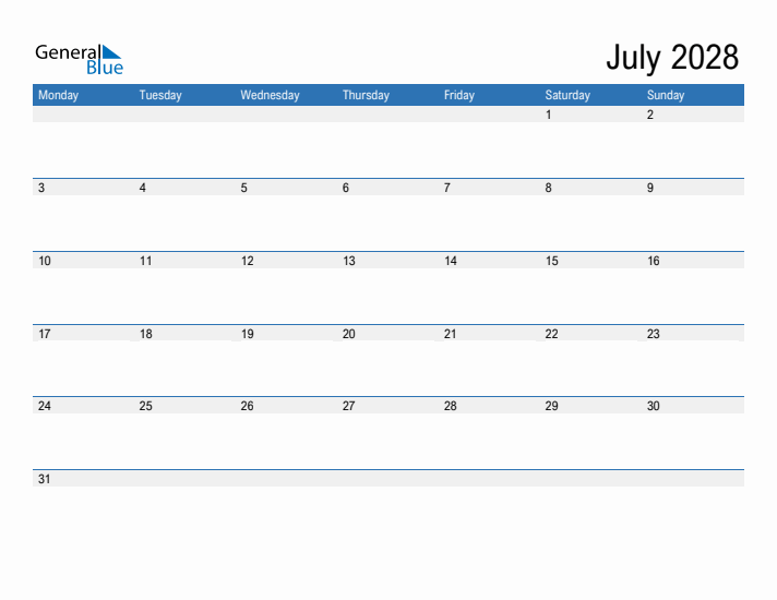Fillable Calendar for July 2028