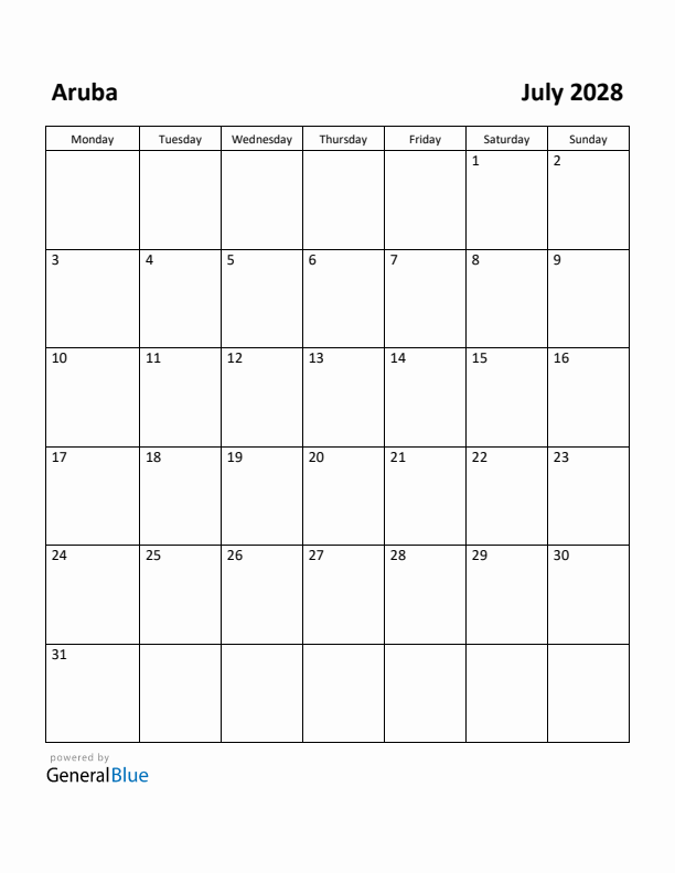 July 2028 Calendar with Aruba Holidays