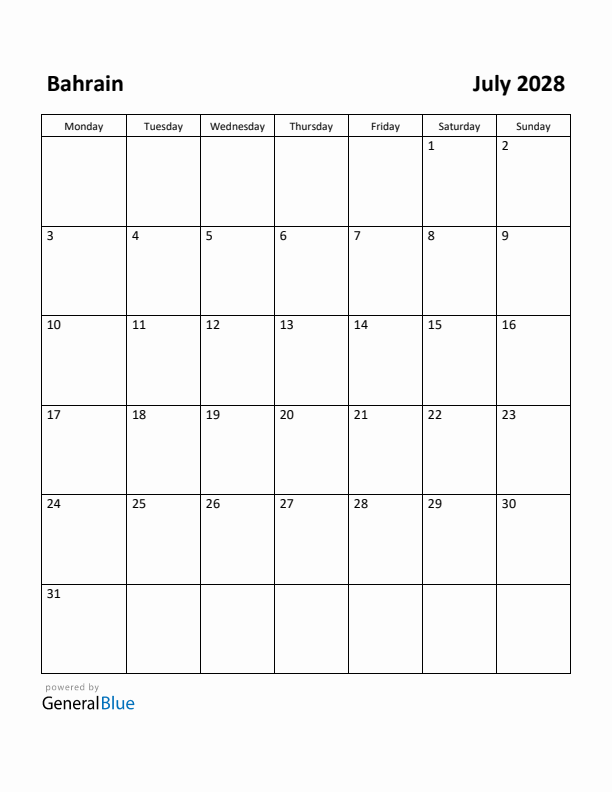 July 2028 Calendar with Bahrain Holidays