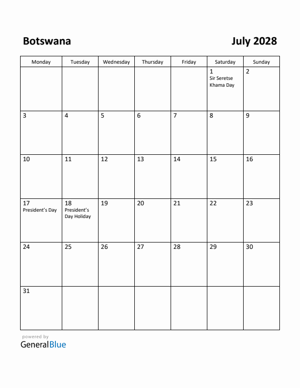 July 2028 Calendar with Botswana Holidays