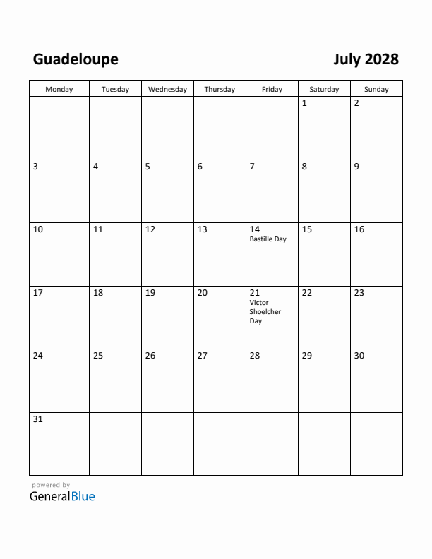 July 2028 Calendar with Guadeloupe Holidays