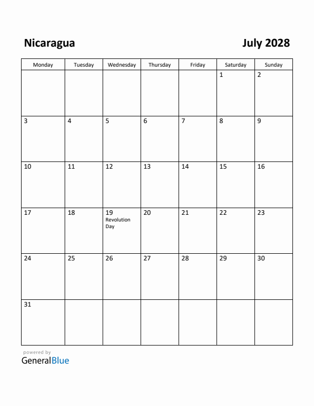 July 2028 Calendar with Nicaragua Holidays