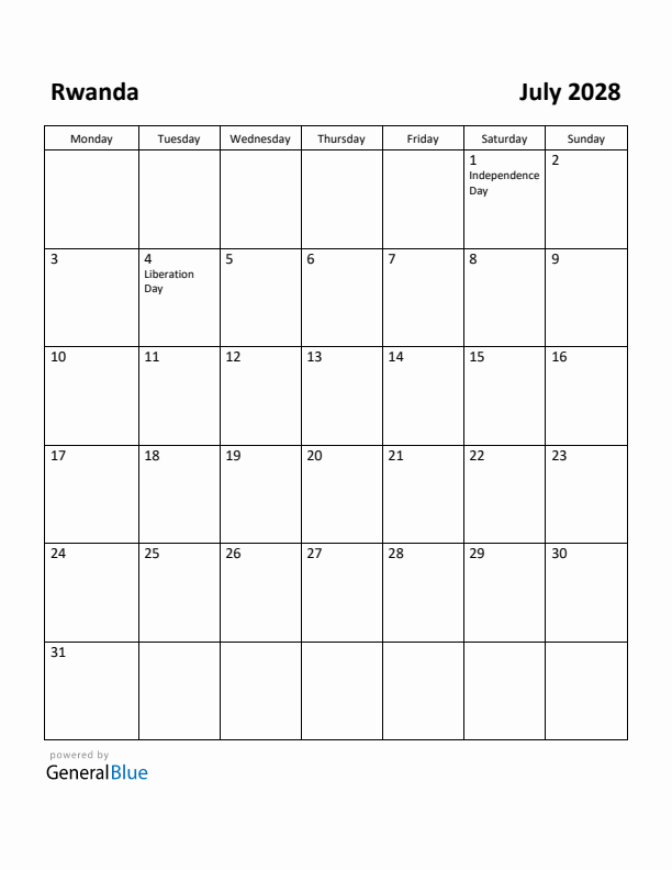 July 2028 Calendar with Rwanda Holidays