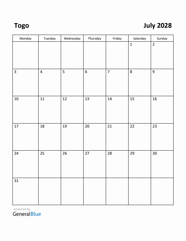 July 2028 Calendar with Togo Holidays