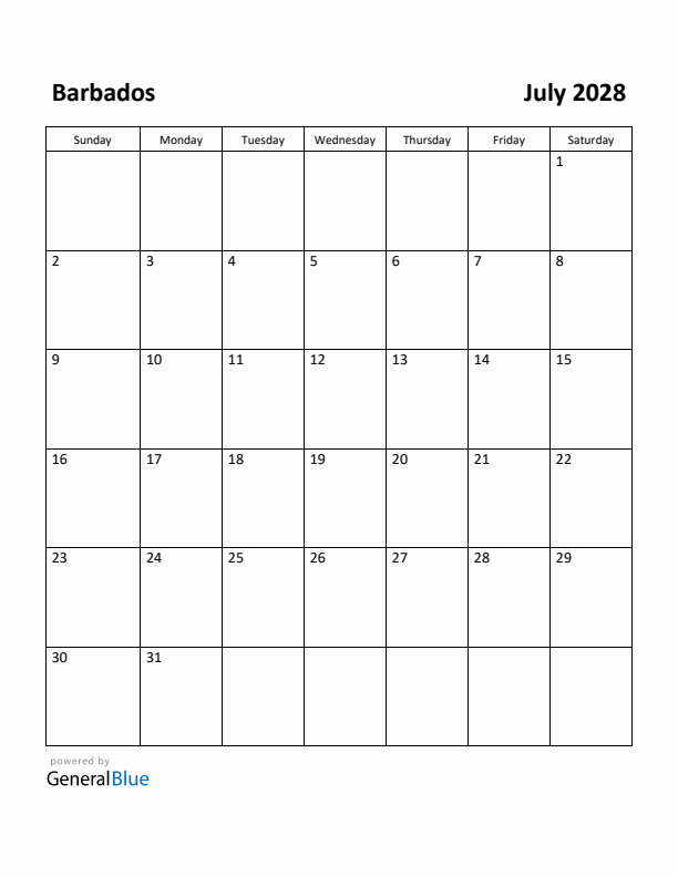 July 2028 Calendar with Barbados Holidays