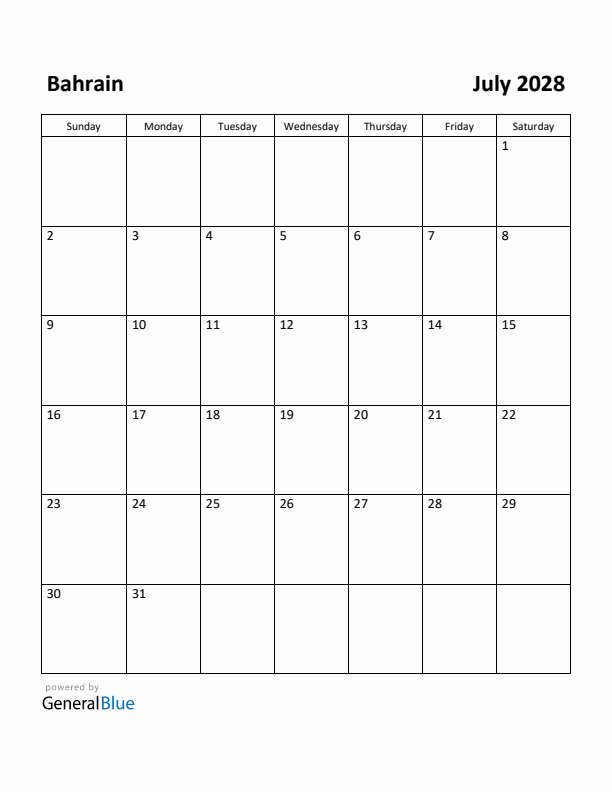 July 2028 Calendar with Bahrain Holidays