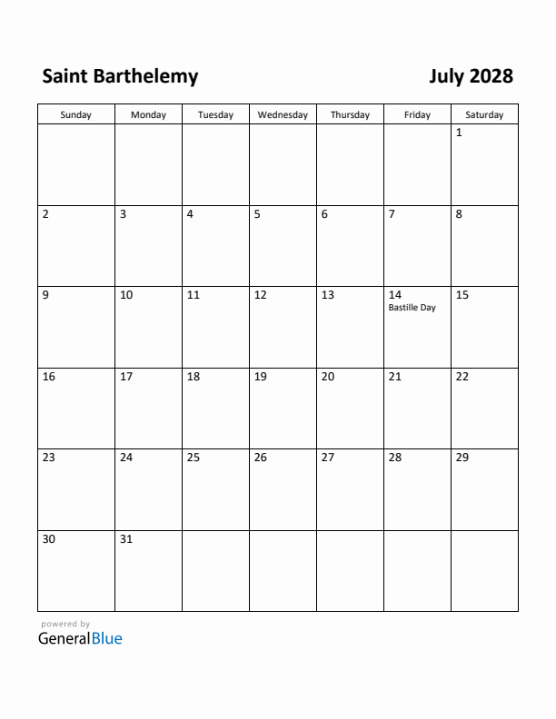 July 2028 Calendar with Saint Barthelemy Holidays