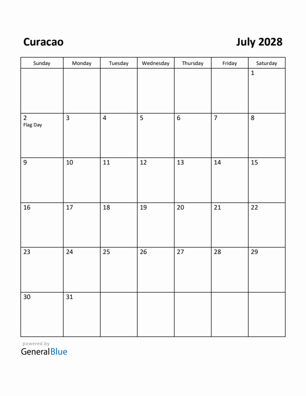July 2028 Calendar with Curacao Holidays