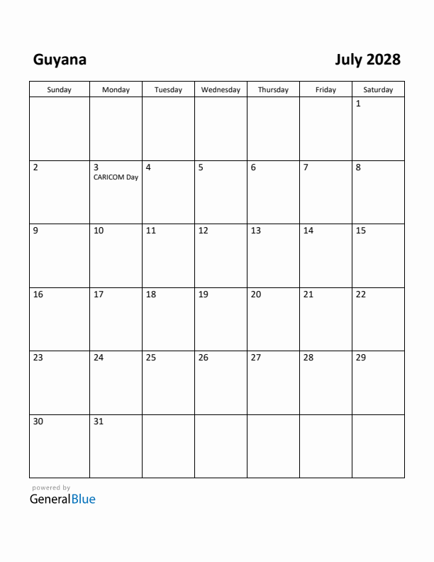 July 2028 Calendar with Guyana Holidays