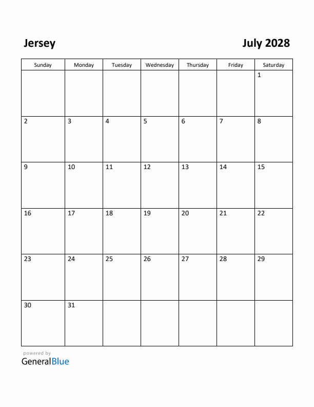 July 2028 Calendar with Jersey Holidays