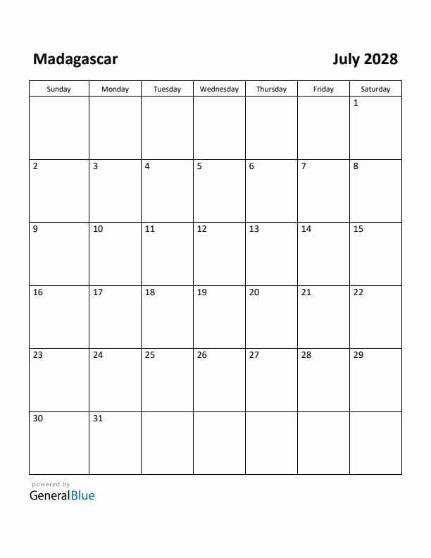 July 2028 Calendar with Madagascar Holidays