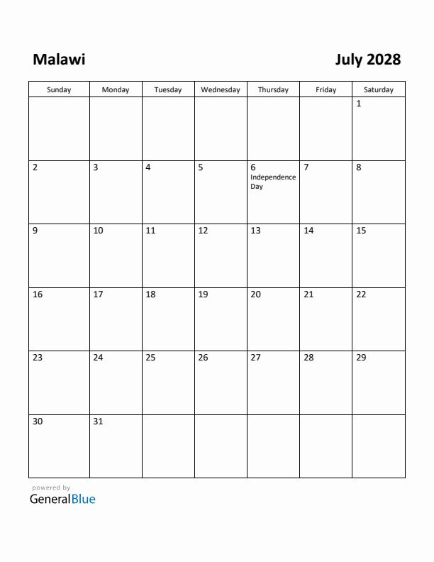 July 2028 Calendar with Malawi Holidays