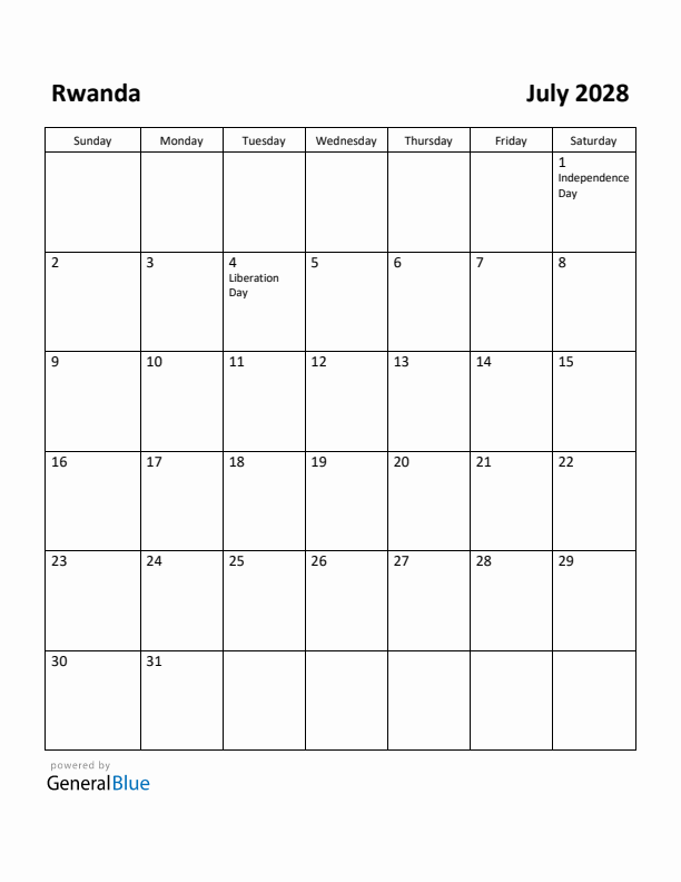 July 2028 Calendar with Rwanda Holidays