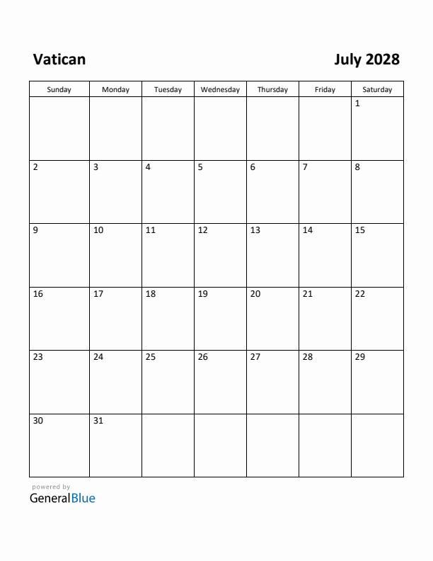 July 2028 Calendar with Vatican Holidays