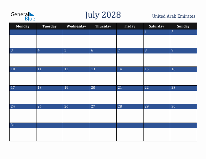 July 2028 United Arab Emirates Calendar (Monday Start)