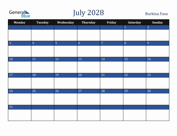 July 2028 Burkina Faso Calendar (Monday Start)