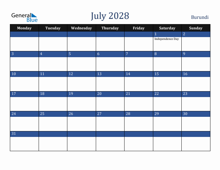July 2028 Burundi Calendar (Monday Start)