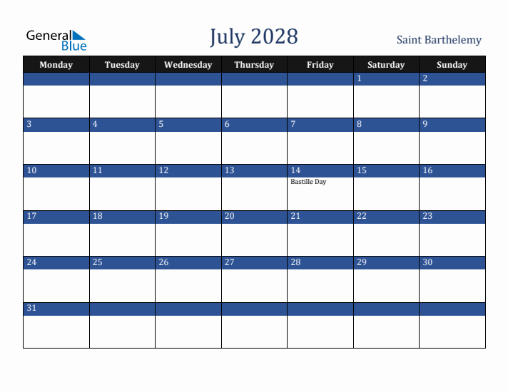 July 2028 Saint Barthelemy Calendar (Monday Start)