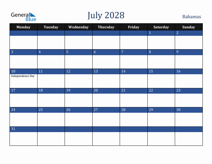 July 2028 Bahamas Calendar (Monday Start)