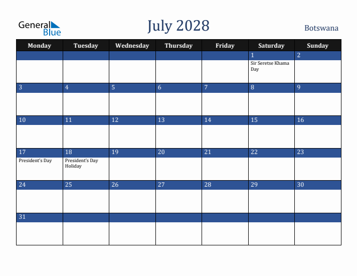 July 2028 Botswana Calendar (Monday Start)