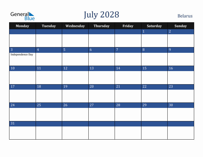 July 2028 Belarus Calendar (Monday Start)