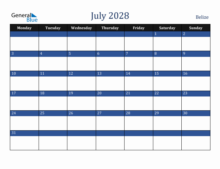 July 2028 Belize Calendar (Monday Start)