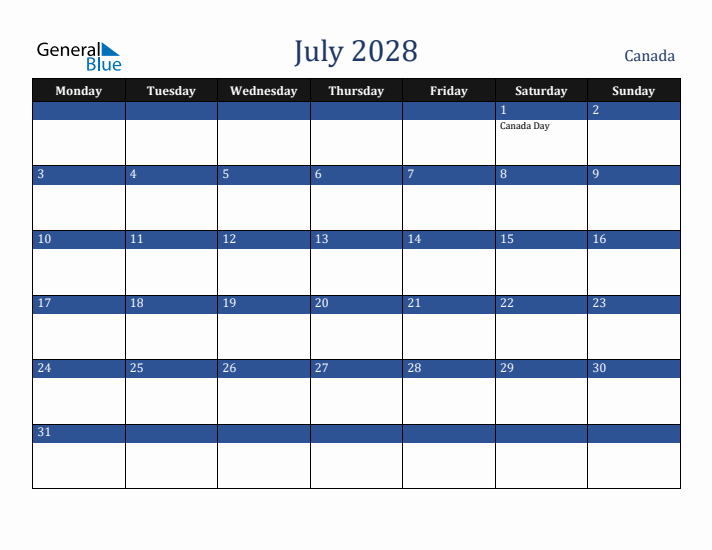 July 2028 Canada Calendar (Monday Start)