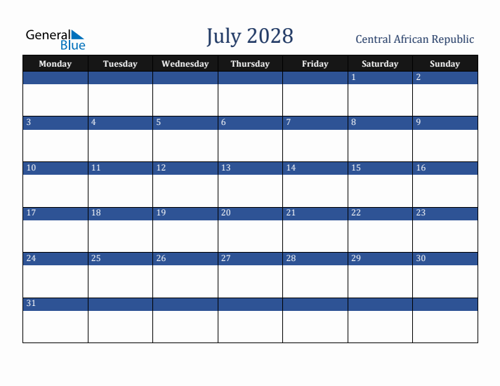 July 2028 Central African Republic Calendar (Monday Start)