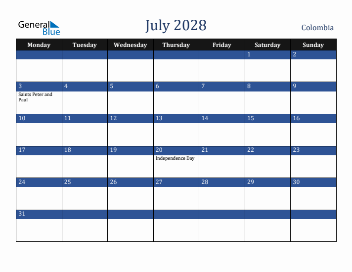 July 2028 Colombia Calendar (Monday Start)