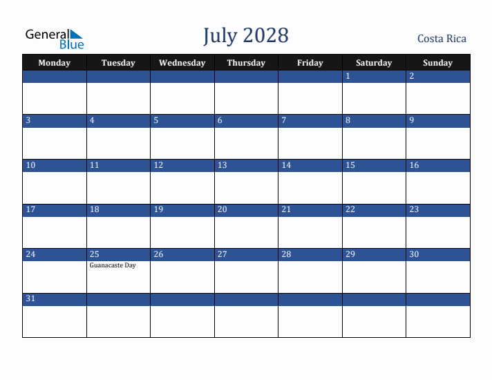July 2028 Costa Rica Calendar (Monday Start)