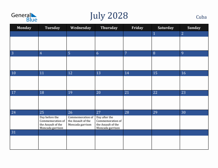July 2028 Cuba Calendar (Monday Start)
