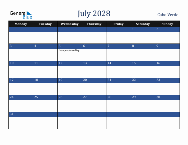 July 2028 Cabo Verde Calendar (Monday Start)