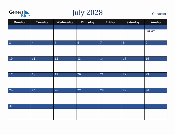 July 2028 Curacao Calendar (Monday Start)