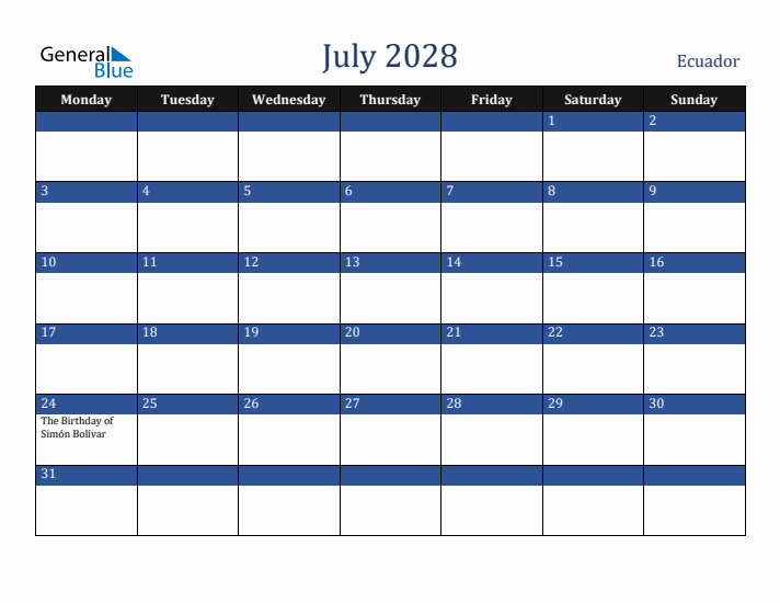 July 2028 Ecuador Calendar (Monday Start)