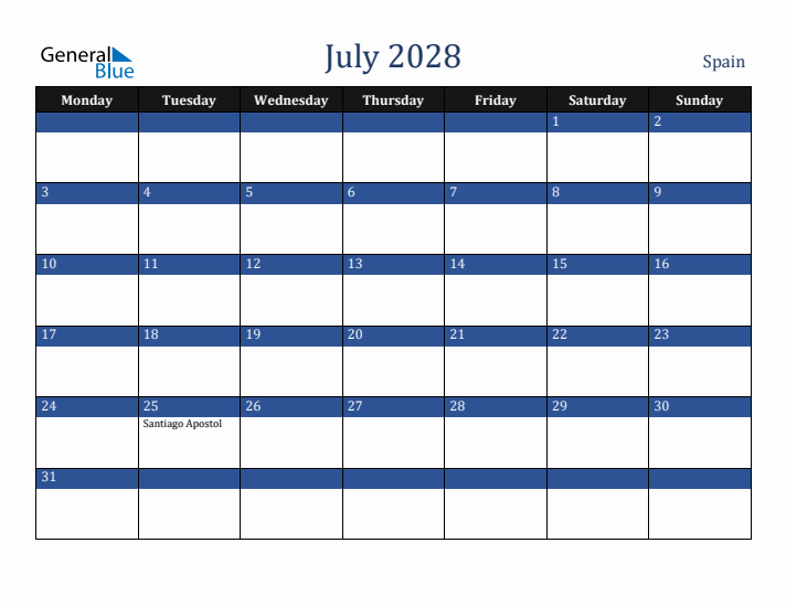 July 2028 Spain Calendar (Monday Start)