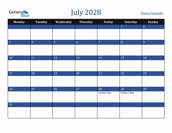 July 2028 Faroe Islands Calendar (Monday Start)
