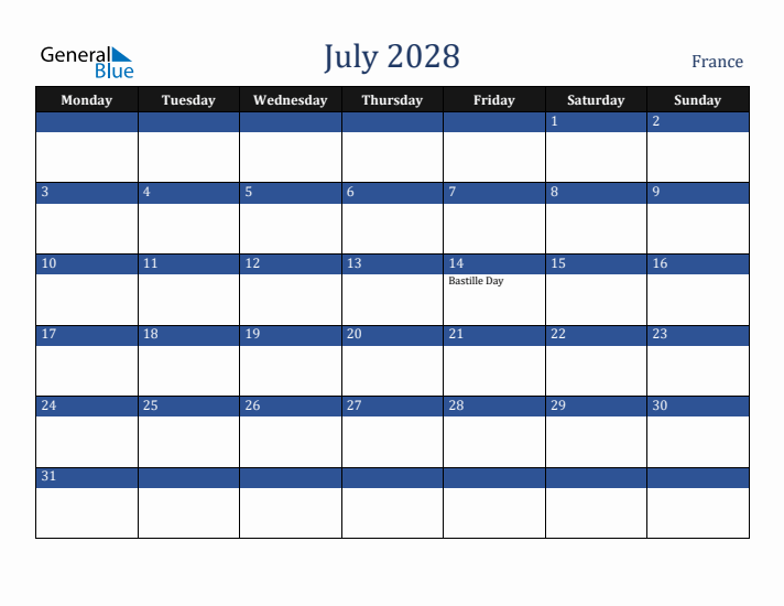 July 2028 France Calendar (Monday Start)