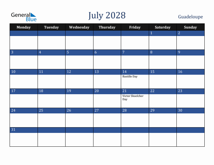 July 2028 Guadeloupe Calendar (Monday Start)