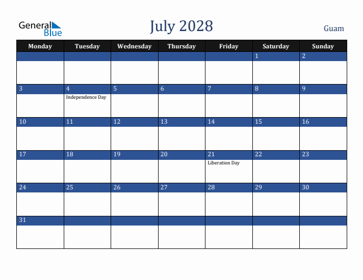 July 2028 Guam Calendar (Monday Start)