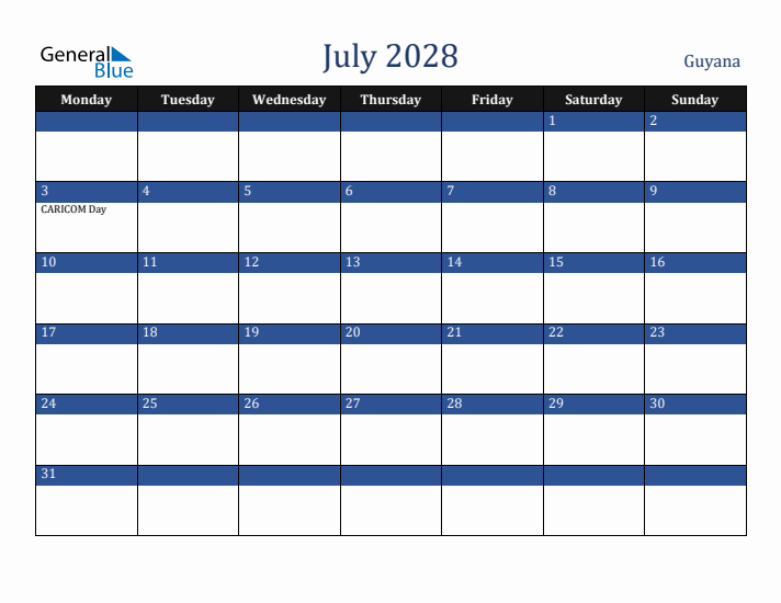 July 2028 Guyana Calendar (Monday Start)