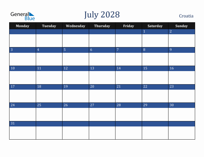 July 2028 Croatia Calendar (Monday Start)