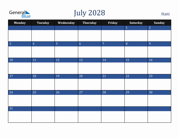 July 2028 Haiti Calendar (Monday Start)