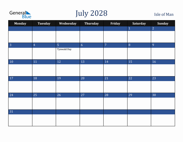July 2028 Isle of Man Calendar (Monday Start)