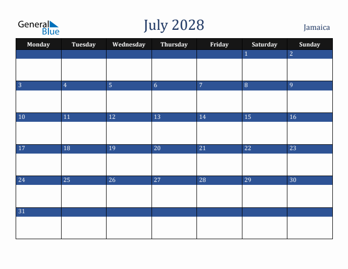 July 2028 Jamaica Calendar (Monday Start)