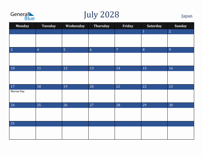July 2028 Japan Calendar (Monday Start)